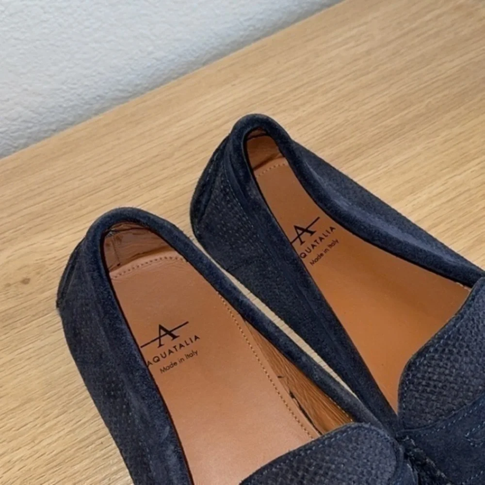 Aquatalia Bruce Weatherproof Navy‎ Blue Woven Leather Suede Driving Loafers 10.5